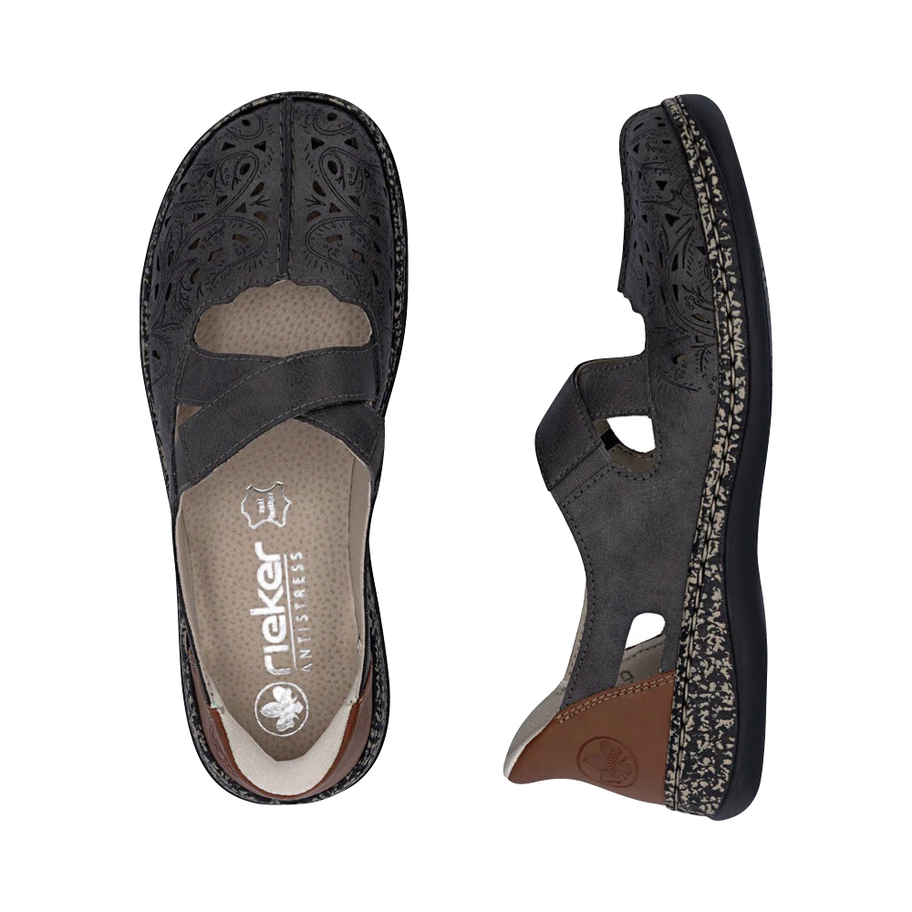 Top-down and side view of Rieker Daisy 52 Cross Strap for women.