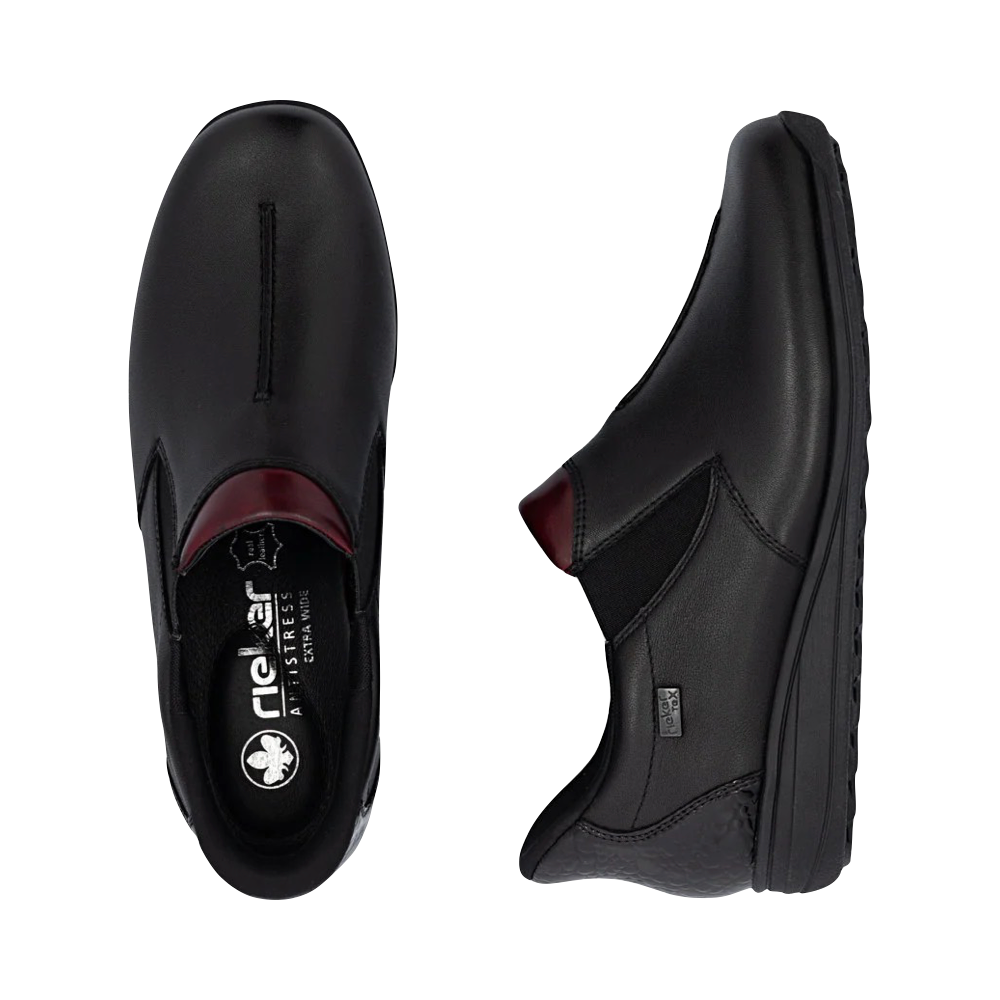 Top-down and side view of Rieker Donna 53 Waterproof Slip On for women.