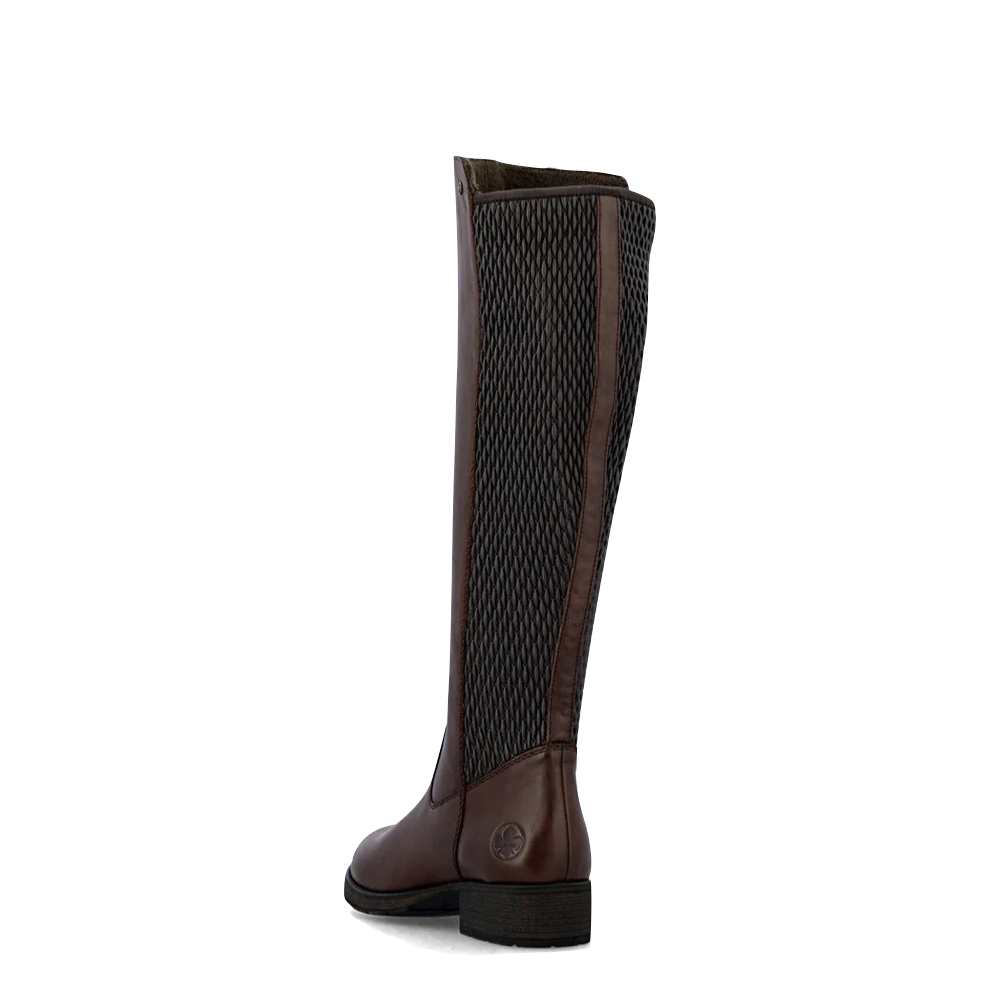 Heel view of Rieker Faith 91 Tall Side Zip Leather Boot for women.