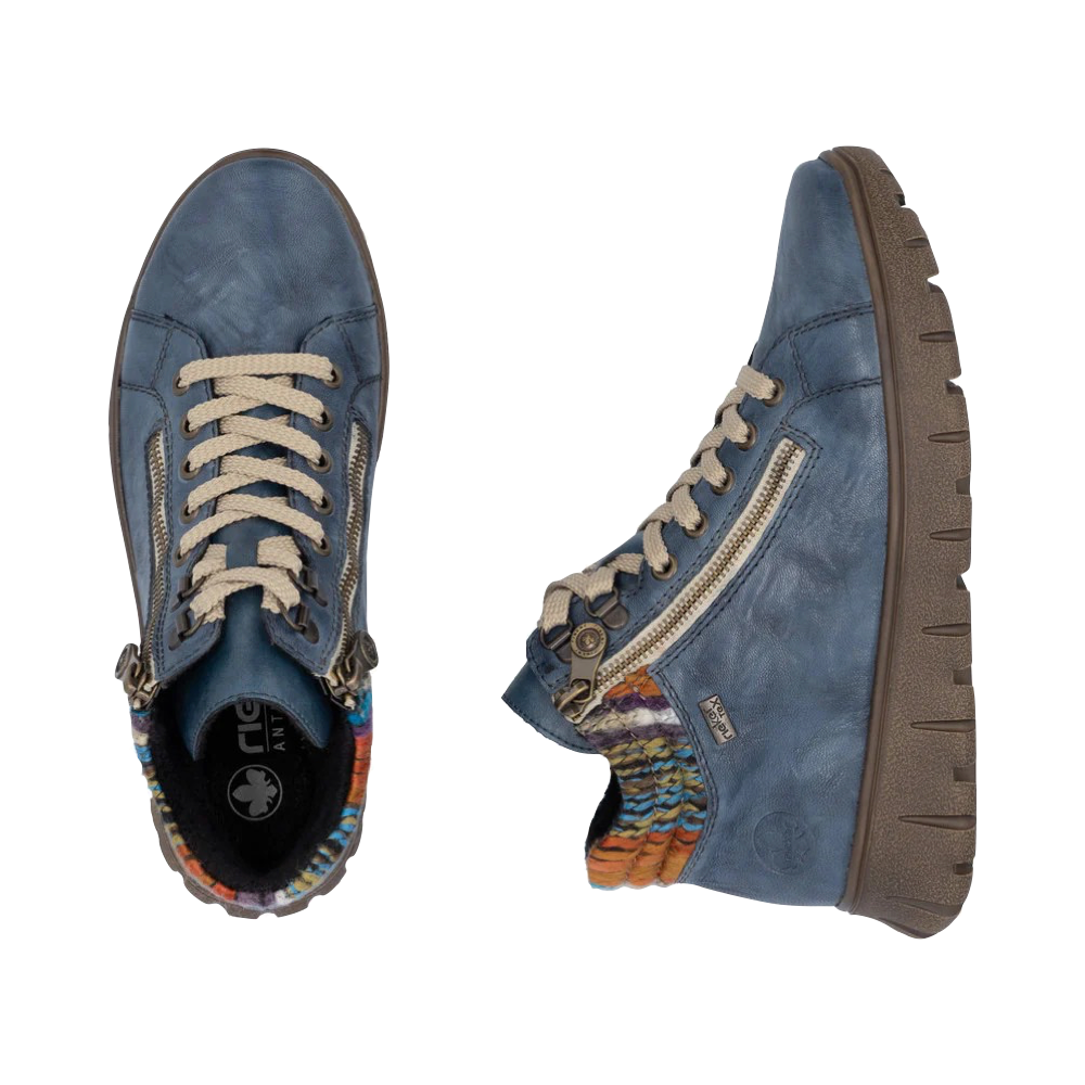 Top-down and side view of Rieker Heike 05 Double Side Zip Waterproof Lace Boot for women.