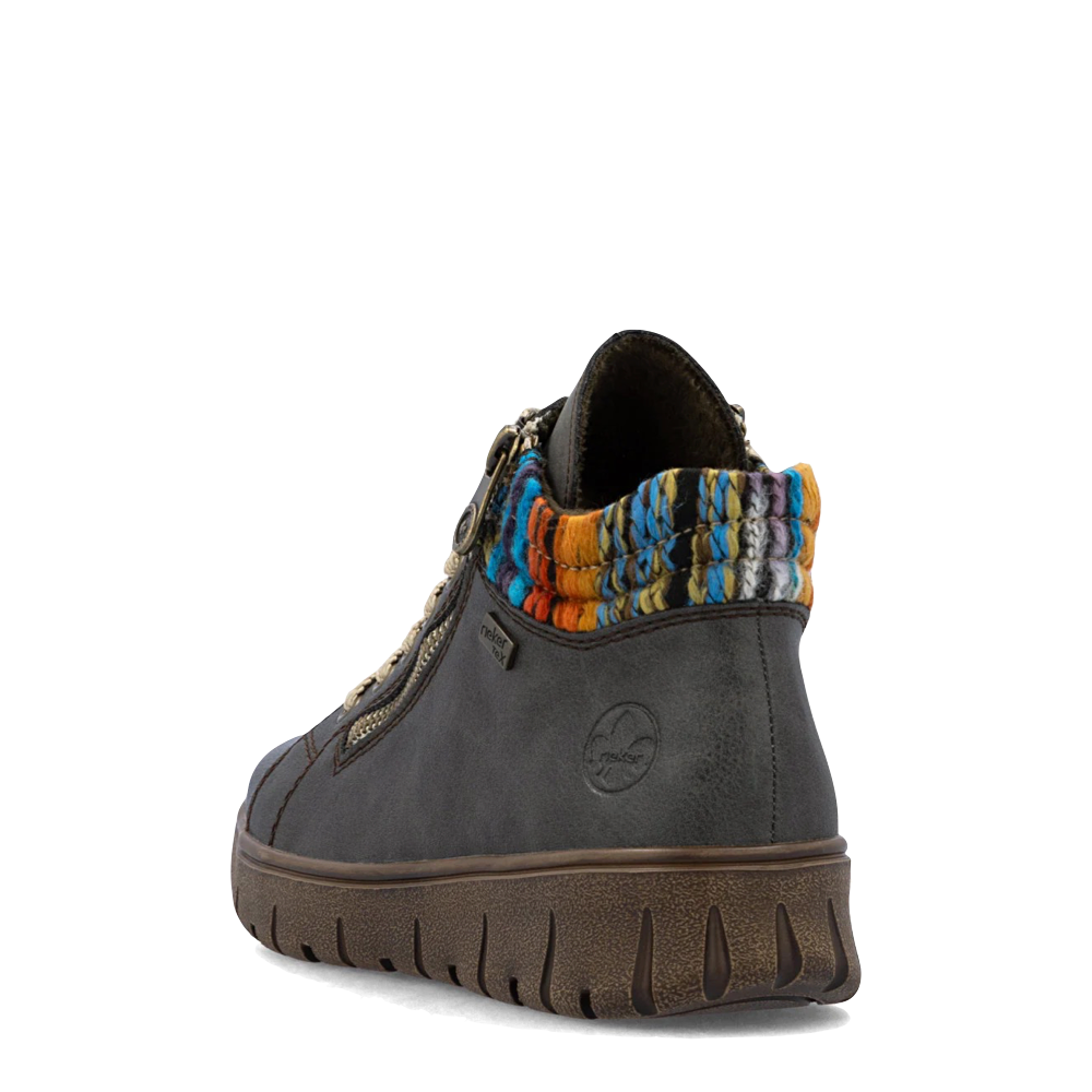 Heel view of Rieker Heike 05 Mid Side Zip Lace Waterproof Boot for women.