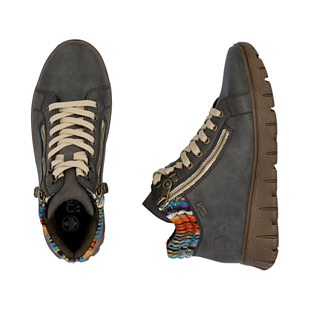 Top-down and side view of Rieker Heike 05 Mid Side Zip Lace Waterproof Boot for women.