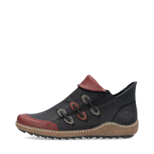 Side (left) view of Rieker Liv 82 Low Side Zip Boot for women.