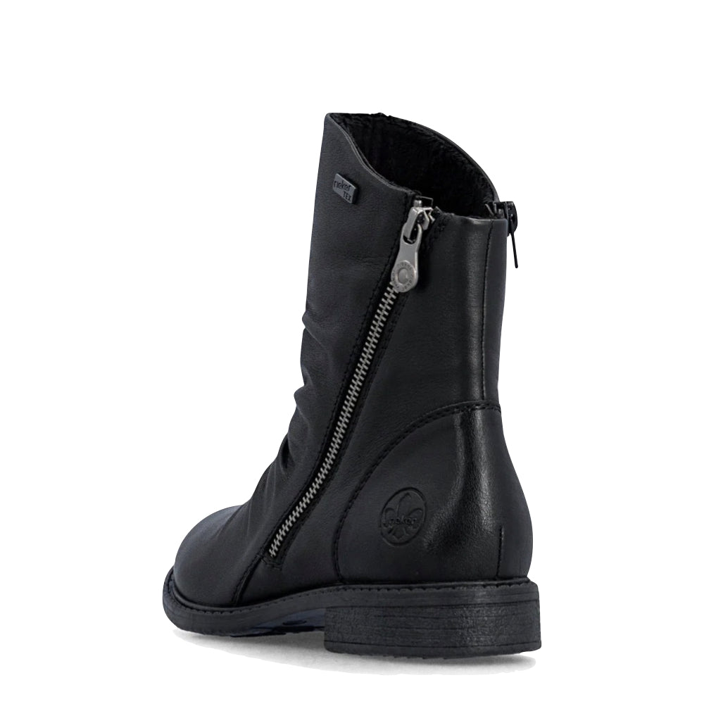 Heel view of Rieker Ornella 53 Double Side Zip Waterproof Boot for women.