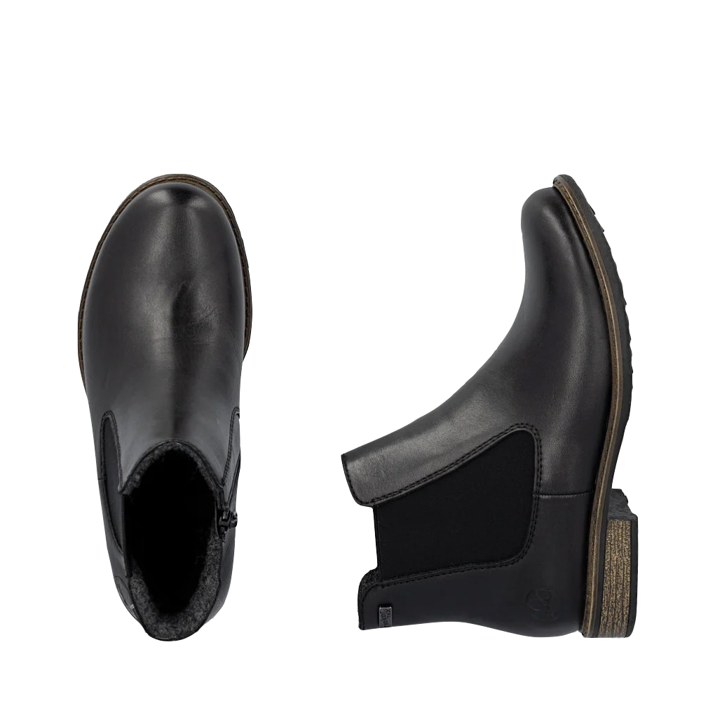 Top-down and side view of Rieker Ornella 70 Waterproof Side Zip Chelsea Boot for women.