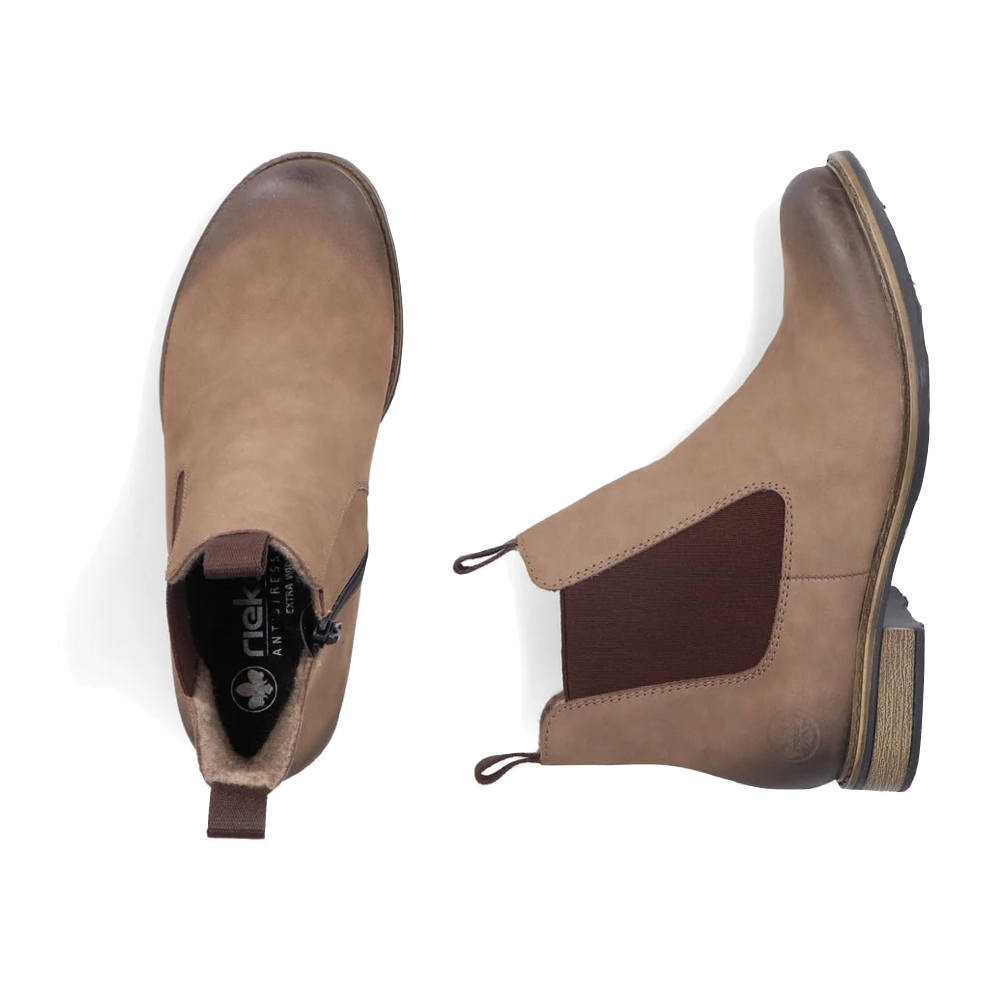 Top-down and side view of Rieker Ornella 78 Side Zip Chelsea Boot for women.