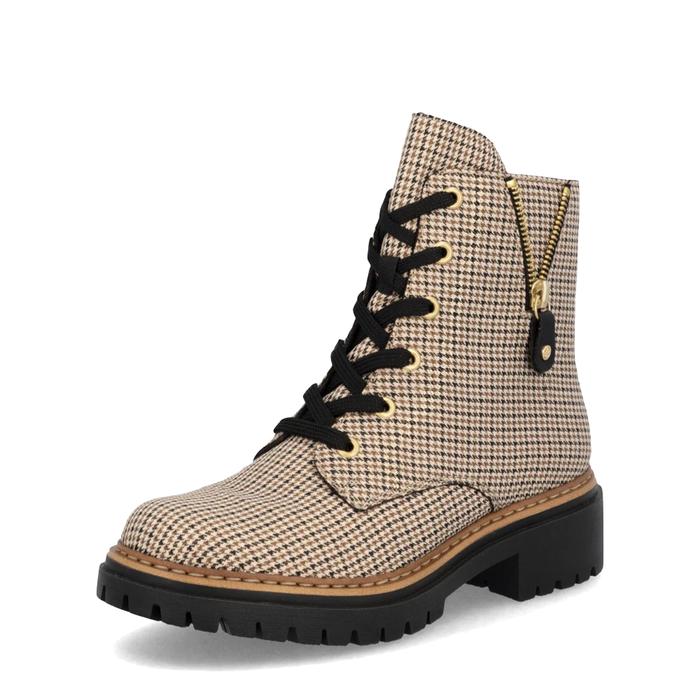 Mudguard and Toe view of Rieker Pearl 17 Plaid Side Zip Lace Boot for women.