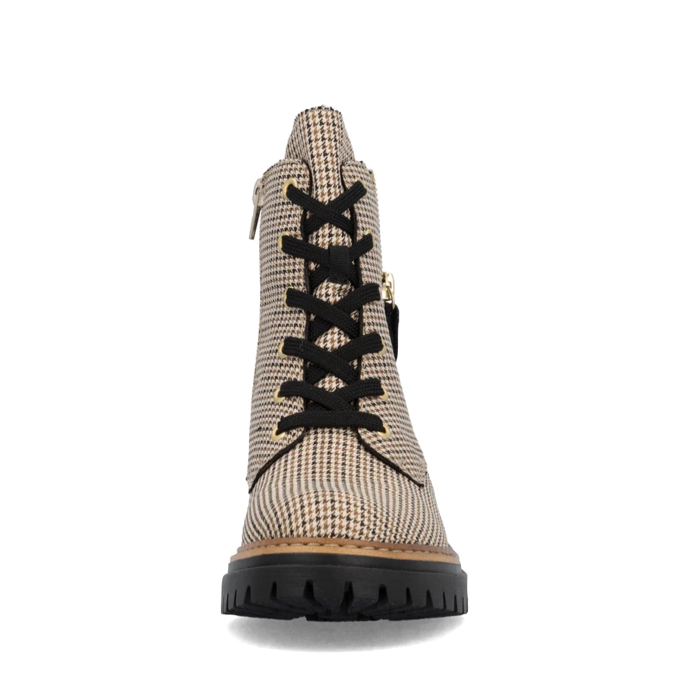 Front view of Rieker Pearl 17 Plaid Side Zip Lace Boot for women.