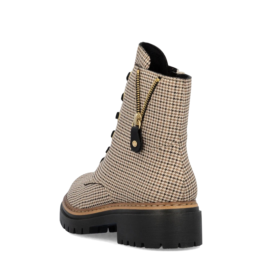 Heel view of Rieker Pearl 17 Plaid Side Zip Lace Boot for women.