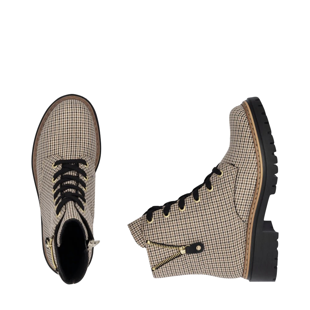 Top-down and side view of Rieker Pearl 17 Plaid Side Zip Lace Boot for women.