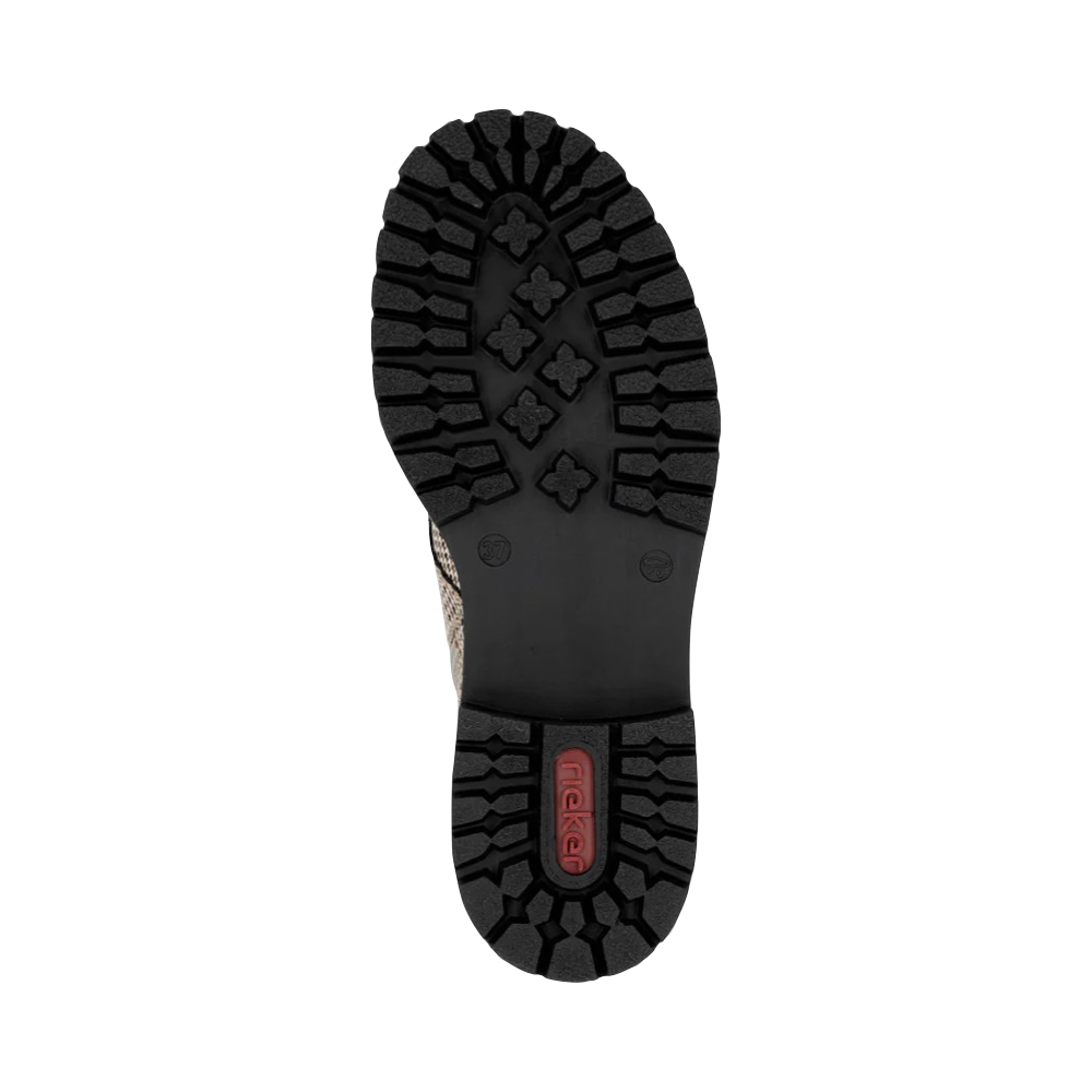 Bottom view of Rieker Pearl 17 Plaid Side Zip Lace Boot for women.