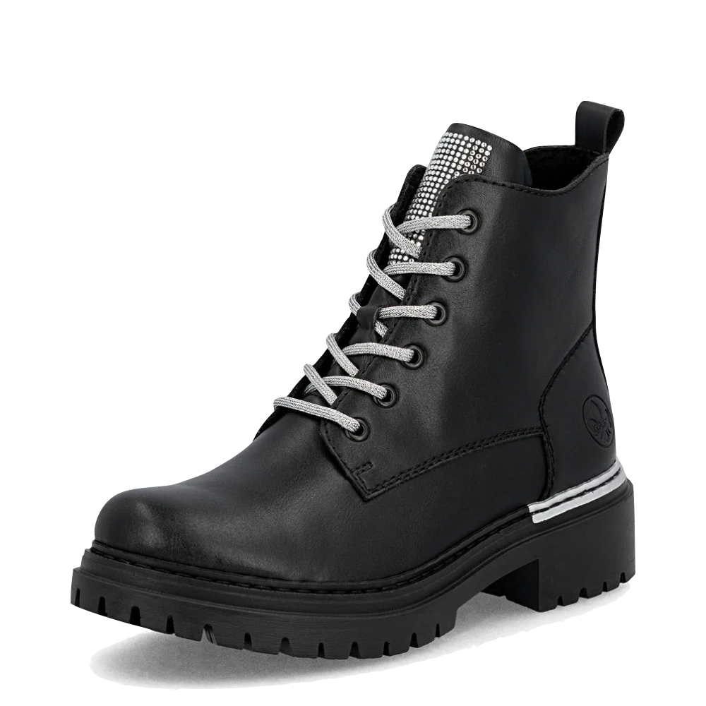 Mudguard and Toe view of Rieker Pearl 20 Side Zip Lace Boot for women.