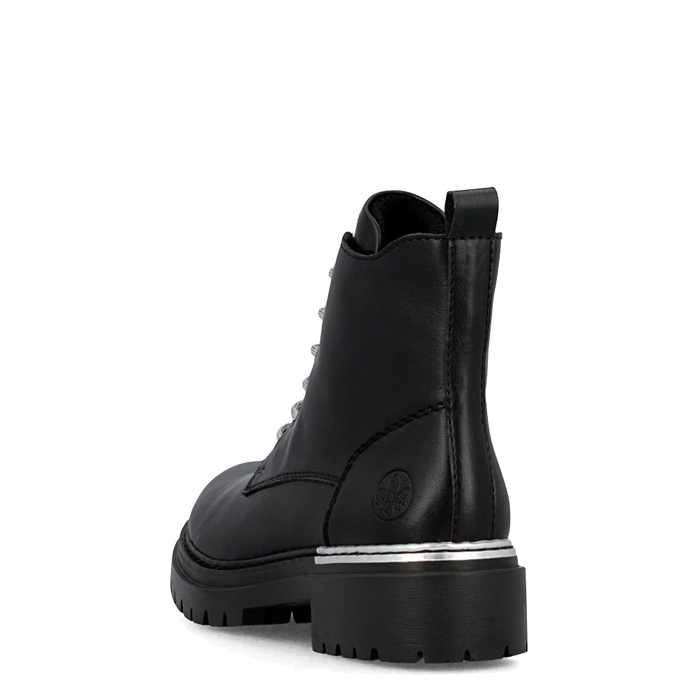 Heel view of Rieker Pearl 20 Side Zip Lace Boot for women.