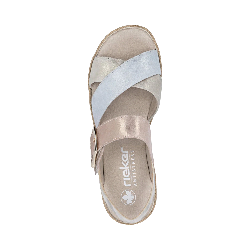 Top-down view of Rieker Regina 51 Cross Strap Wedge Sandal for women.