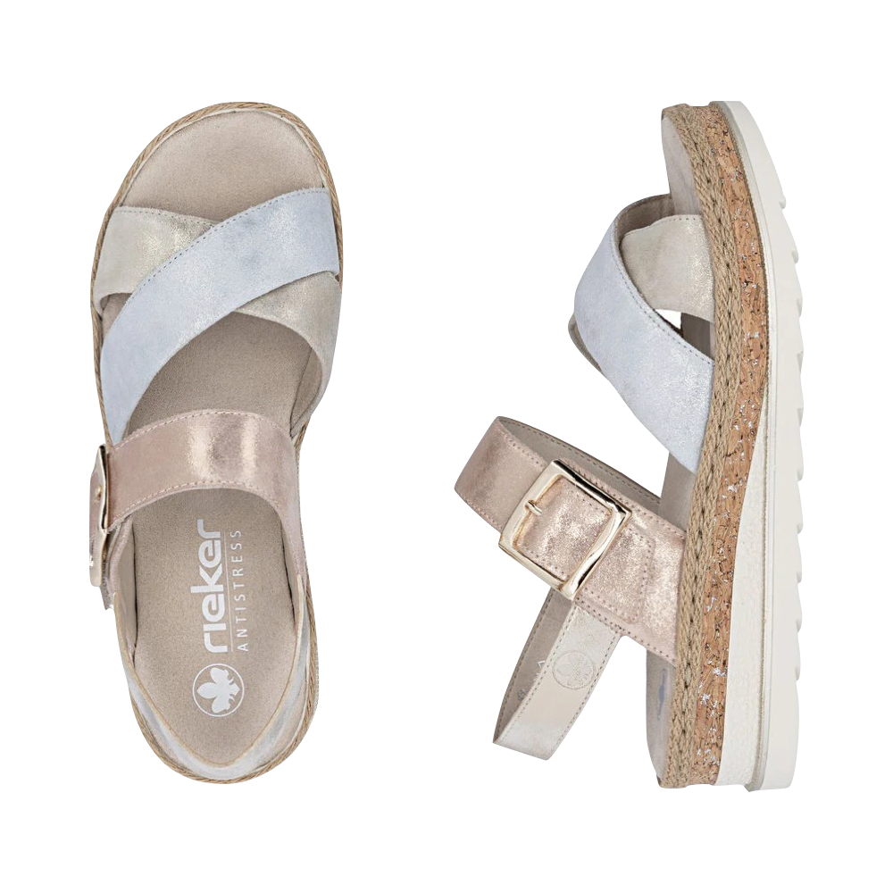 Top-down and side view of Rieker Regina 51 Cross Strap Wedge Sandal for women.