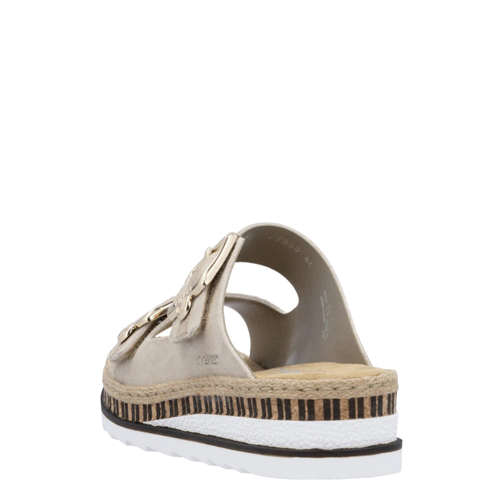 Heel view of Rieker Regina 55 Two Strap Slip On Sandal for women.