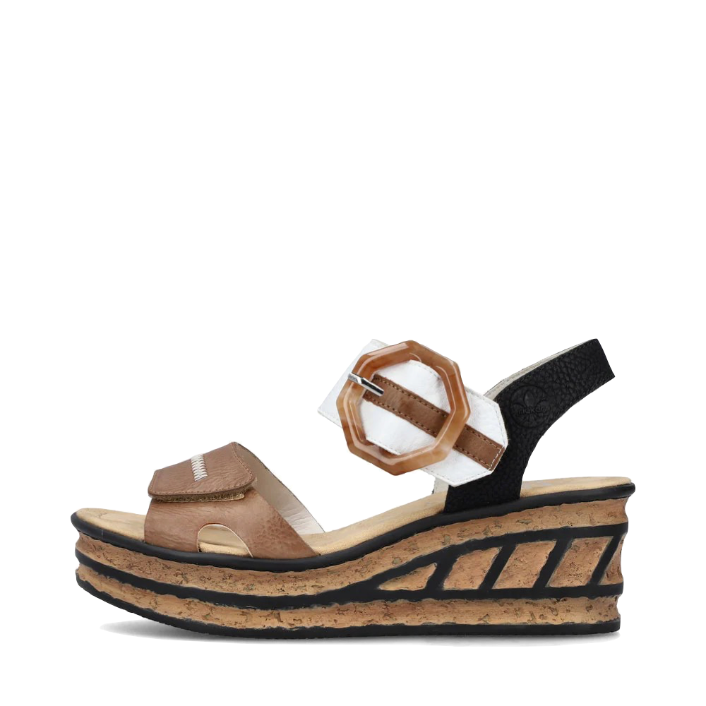 Side (left) view of Rieker Rose 76 Buckle Strap Wedge Sandal for women.