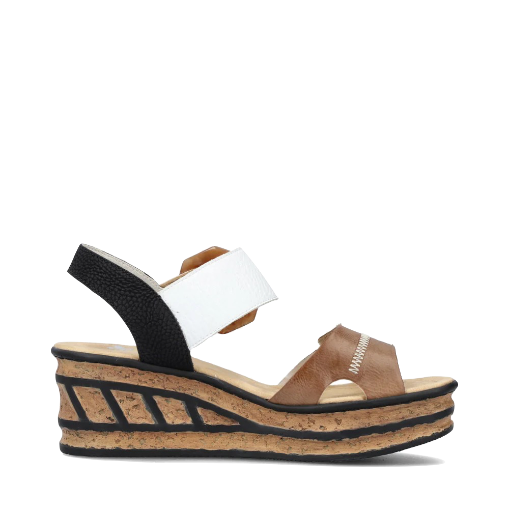 Side (right) view of Rieker Rose 76 Buckle Strap Wedge Sandal for women.