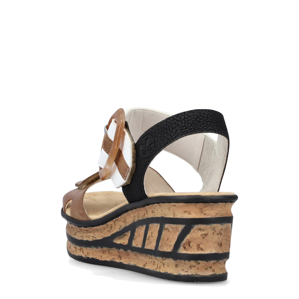 Heel view of Rieker Rose 76 Buckle Strap Wedge Sandal for women.