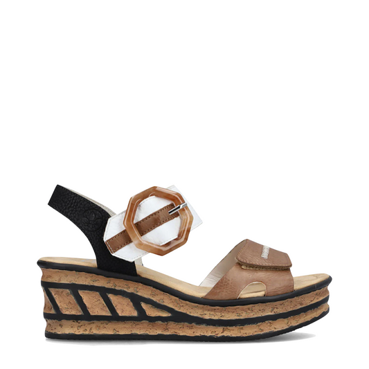 Side (right) view of Rieker Rose 76 Buckle Strap Wedge Sandal for women.