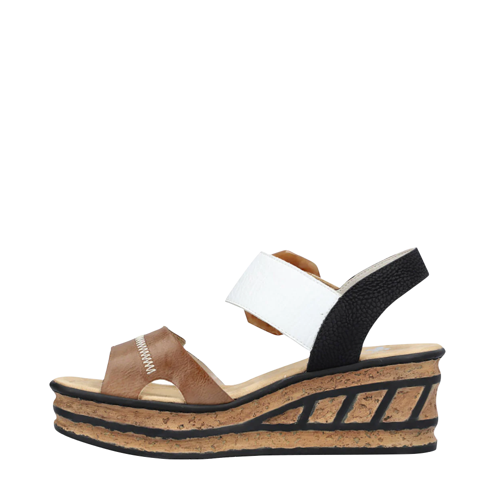 Side (left) view of Rieker Rose 76 Buckle Strap Wedge Sandal for women.