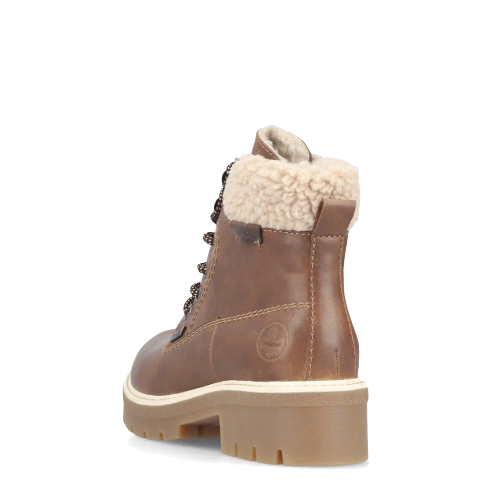 Heel view of Rieker Sabrina 18 Side Zip Waterproof Lace Boot for women.