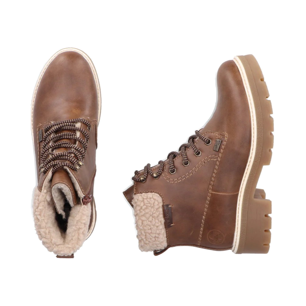 Top-down and side view of Rieker Sabrina 18 Side Zip Waterproof Lace Boot for women.