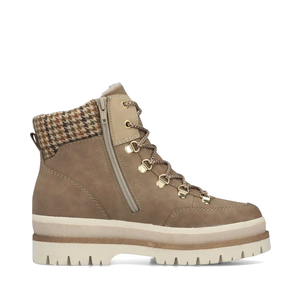 Side (right) view of Rieker Trudie 10 Side Zip Waterproof Lace Boot for women.
