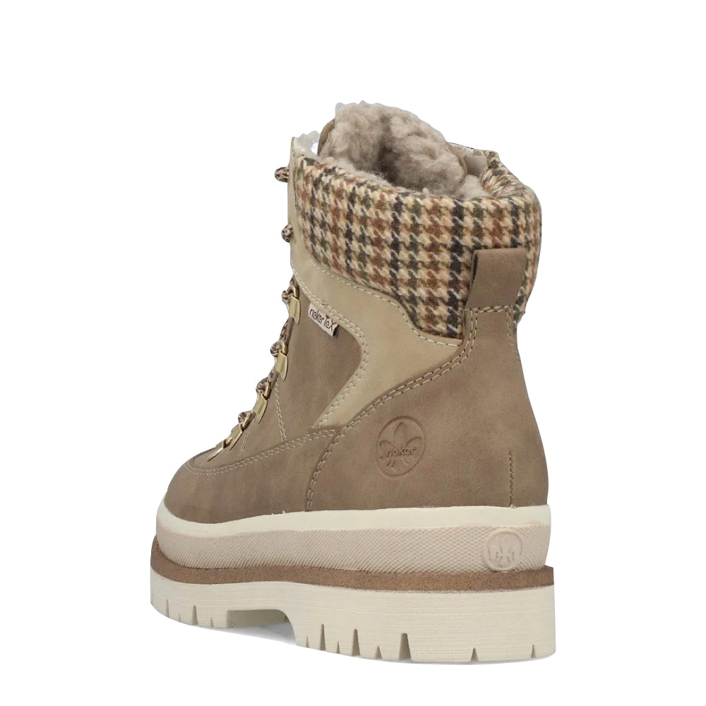 Heel view of Rieker Trudie 10 Side Zip Waterproof Lace Boot for women.