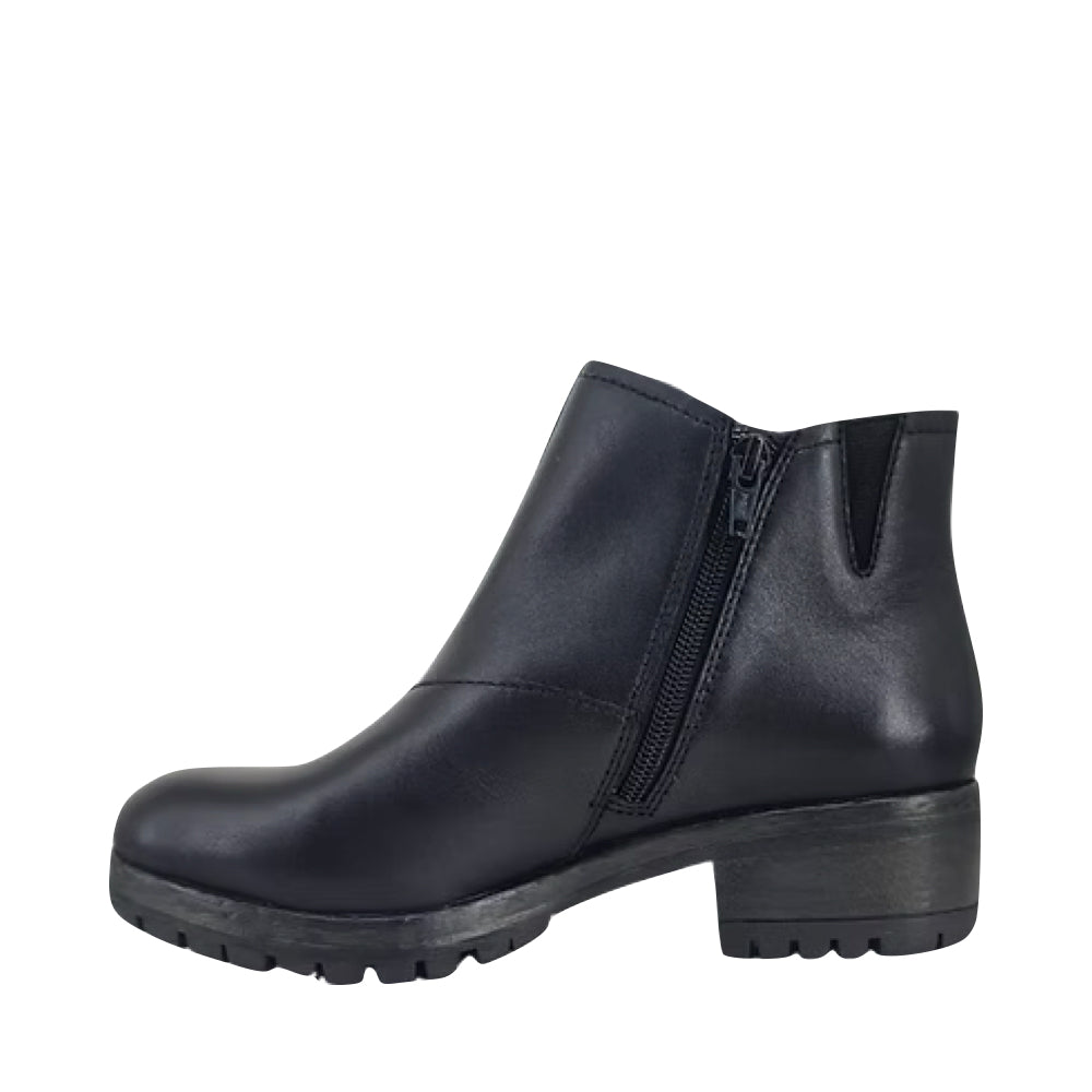 Side (left) view of Salvia Cally Heeled Low Side Zip Waterproof Boot for women.