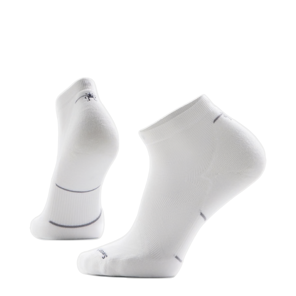 Side (left) and bottom view of Smartwool Run Targeted Cushion Ankle Socks.