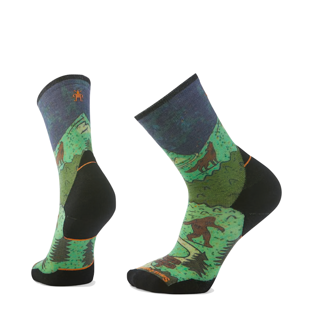 Side (left) and bottom view of Smartwool Trail Run Targeted Cushion Neature Print Crew Socks.