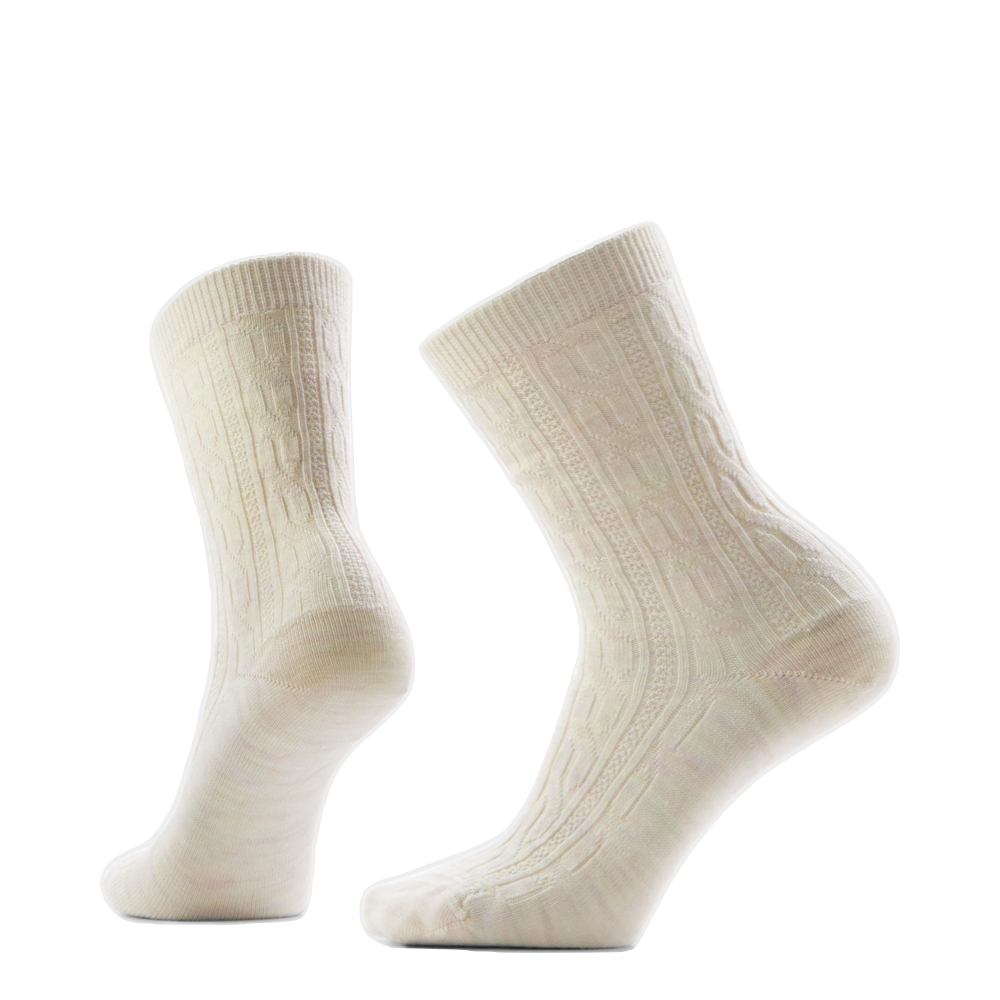 Side (left) and bottom view of Smartwool Everyday Cable Crew Socks for women.