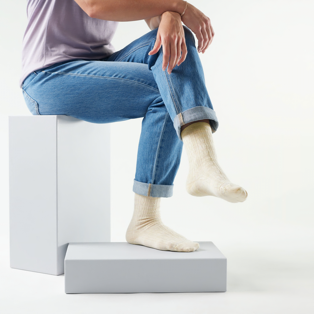 Model view of Smartwool Everyday Cable Crew Socks for women.