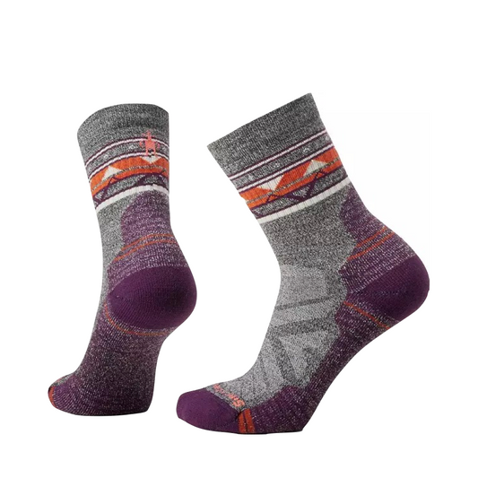Side (left) and bottom view of Smartwool Hike Zig Zag Valley Mid Crew Socks for women.