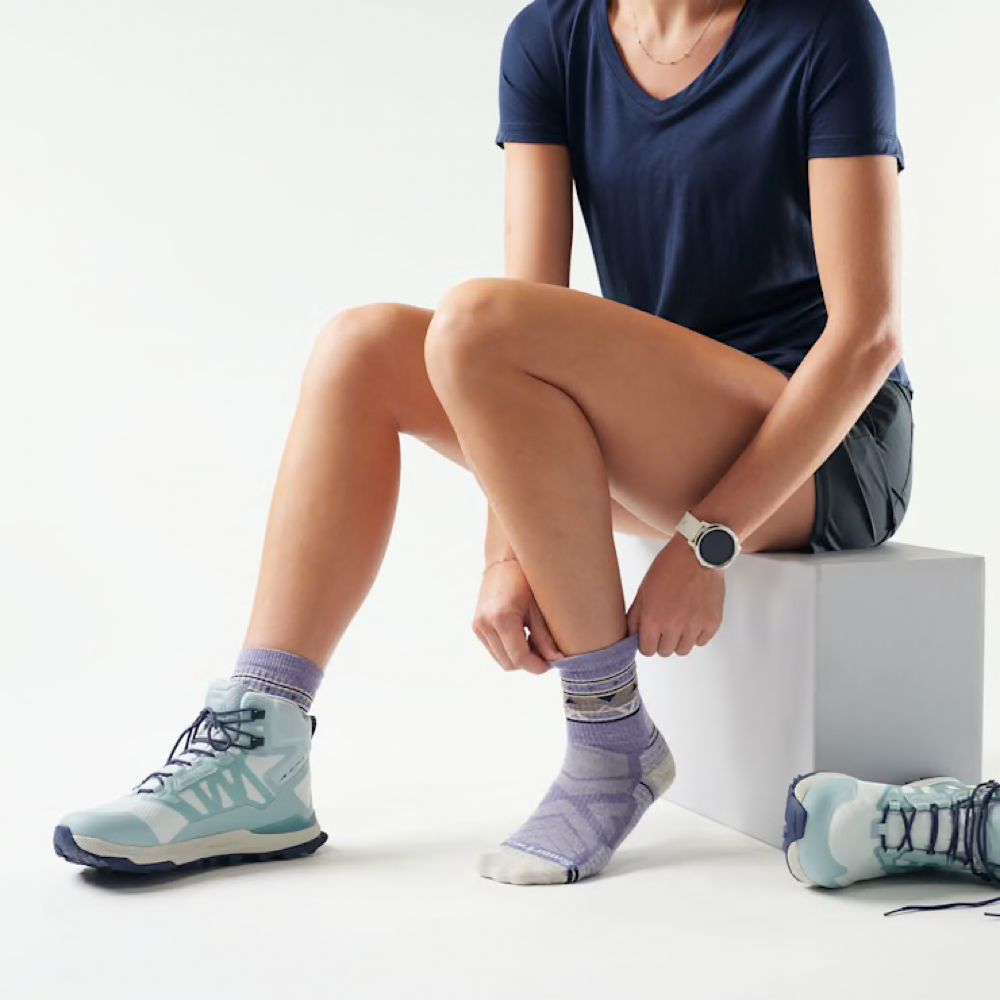 Model view of Smartwool Hike Zig Zag Valley Mid Crew Socks for women.