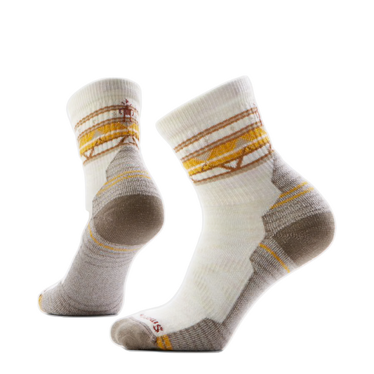 Side (left) and bottom view of Smartwool Hike Zig Zag Valley Mid Crew Socks for women.