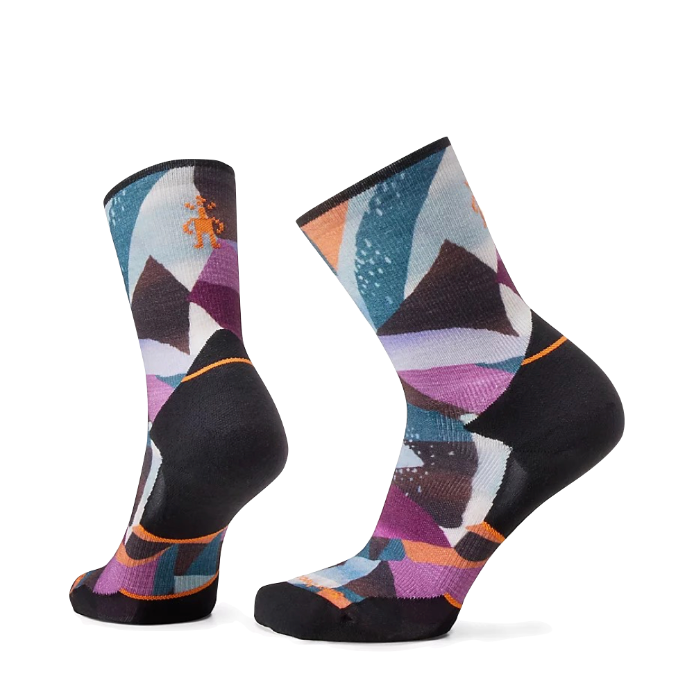 Side (left) view of Smartwool Trail Run Targeted Cushion Mosaic Pieces Print Crew socks for women.