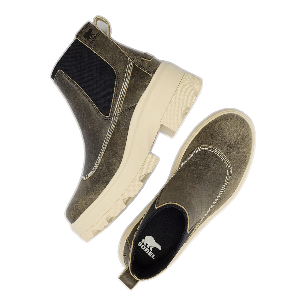 Top-down and side view of Sorel Joan FRWD Chelsea Boot for women.