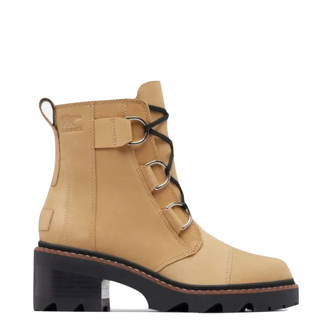 Sorel Women's Joan Now Heeled Waterproof Leather Lace Boot in Caribou Buff/Black