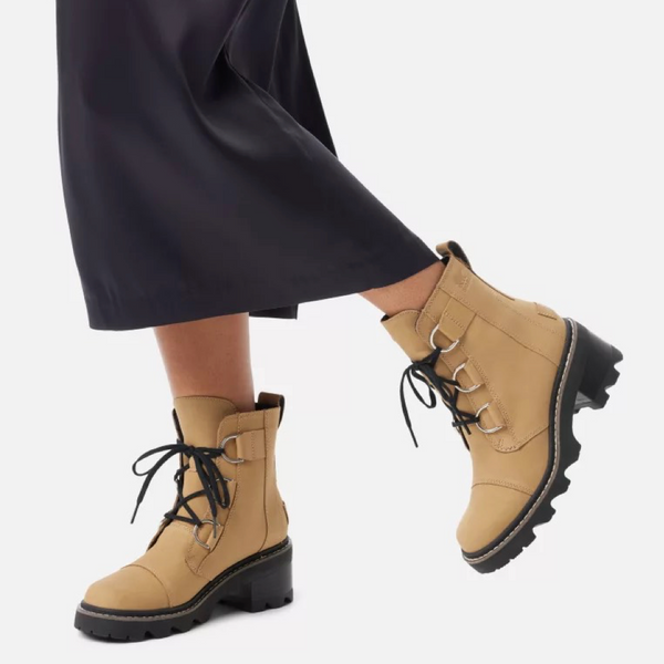 Sorel Women's Joan Now Heeled Waterproof Leather Lace Boot in Caribou Buff/Black