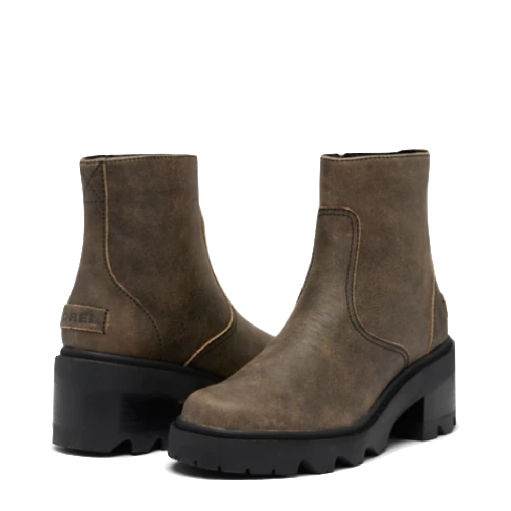 Mudguard and Toe and Heel view of Sorel Joan Now Zip Bootie for women.