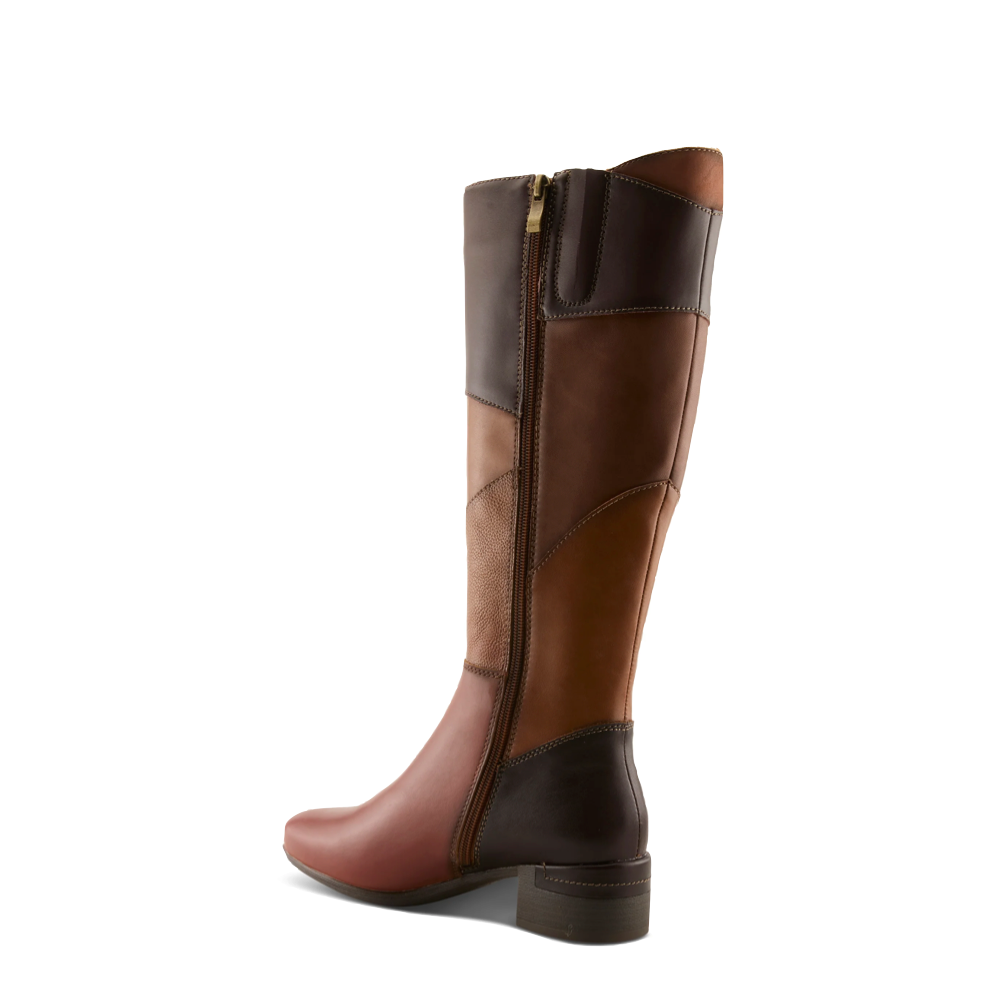 Heel view of Spring Step Patchwork Tall Side Zip Boot for women.