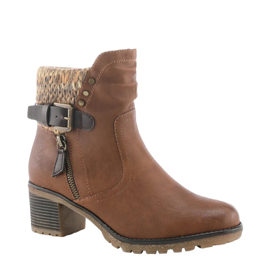 Mudguard and Toe view of Spring Step Rene Water Resistant Side Zip Sweater Cuff Heeled Boot for women.