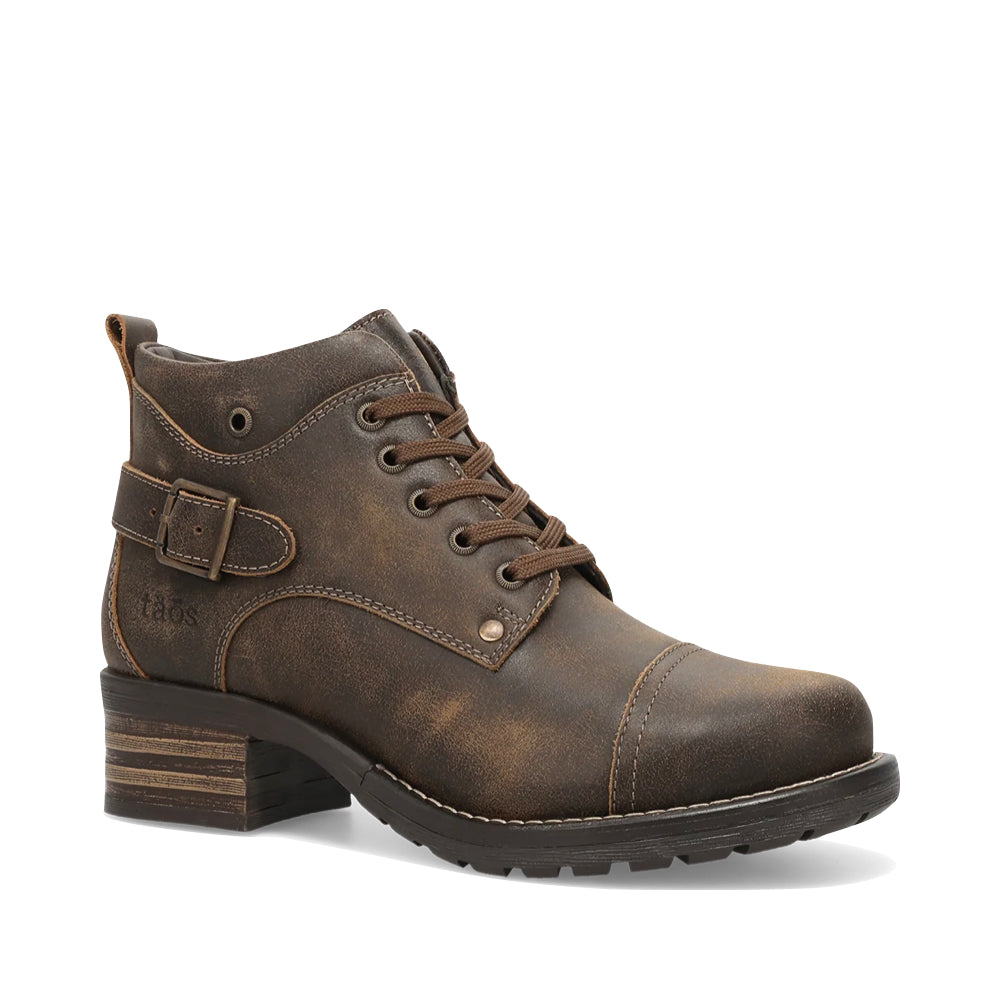 Mudguard and Toe view of Taos Mini Crave Heeled Side Zip Lace Boot for women.