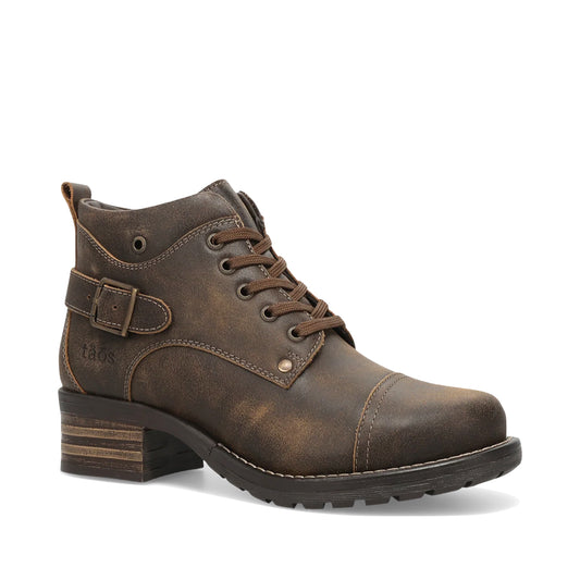 Mudguard and Toe view of Taos Mini Crave Heeled Side Zip Lace Boot for women.