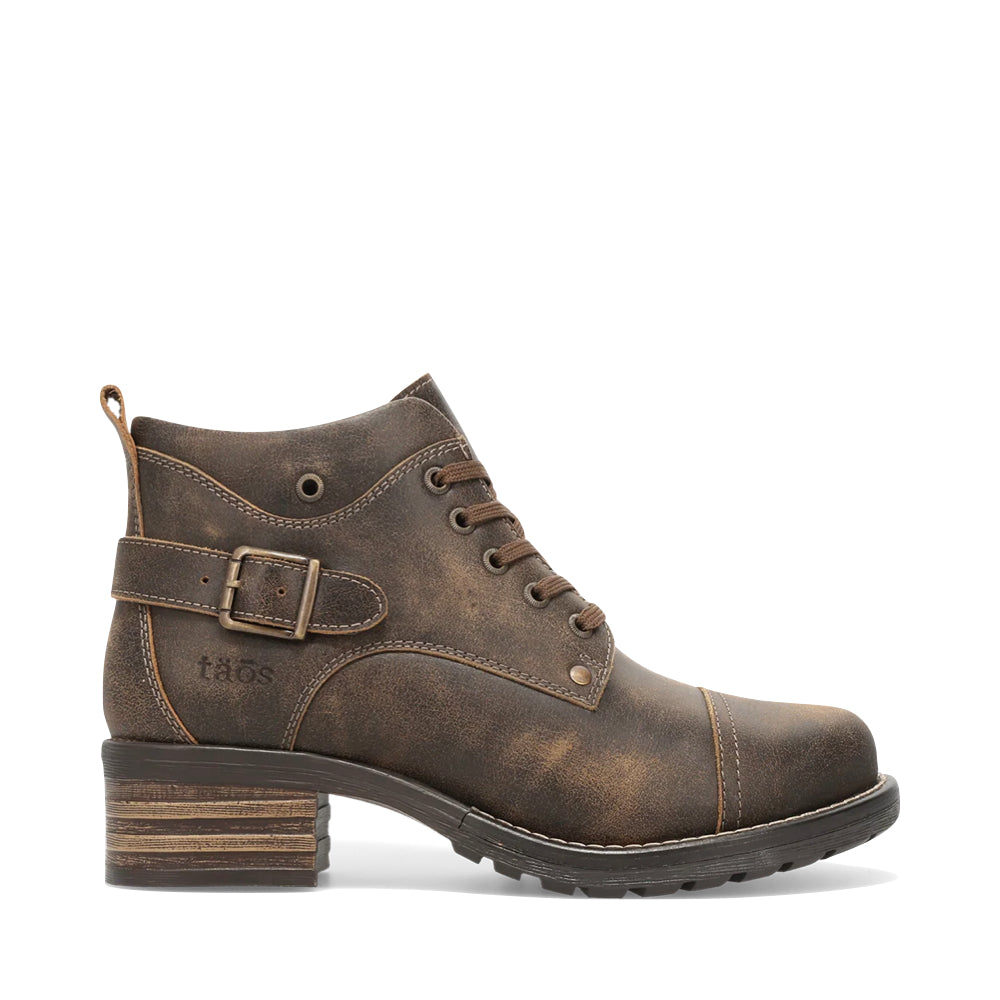 Side (right) view of Taos Mini Crave Heeled Side Zip Lace Boot for women.