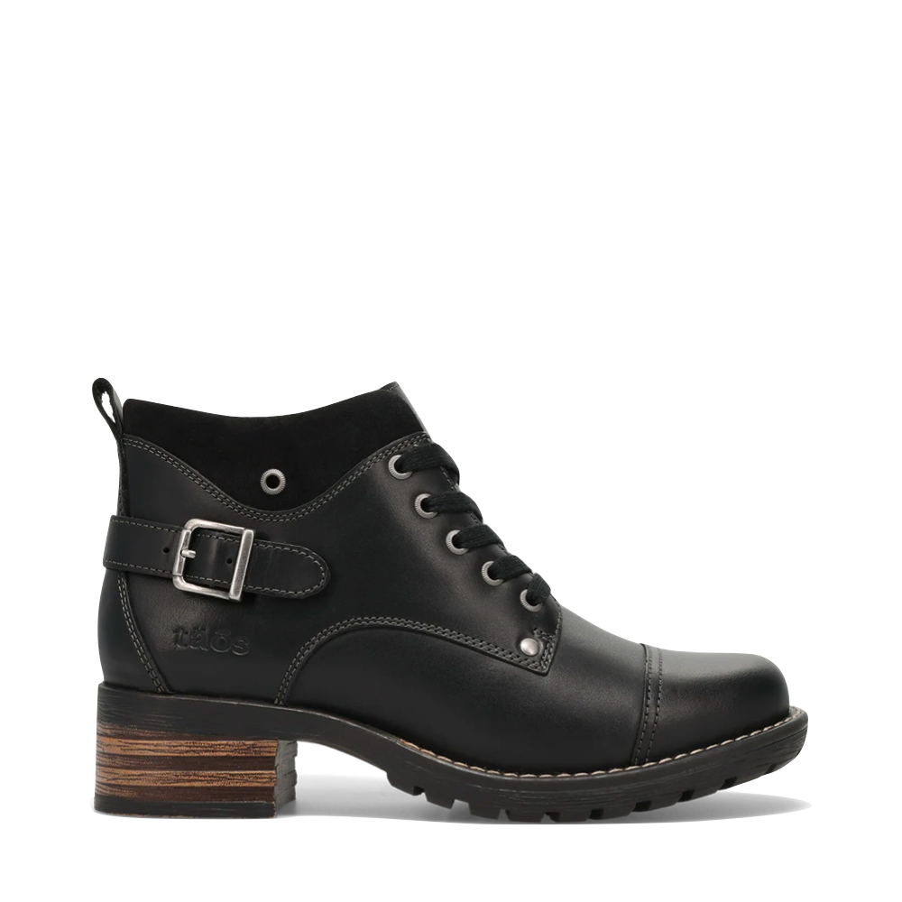 Side (right) view of Taos Mini Crave Side Zip Lace Boot for women.