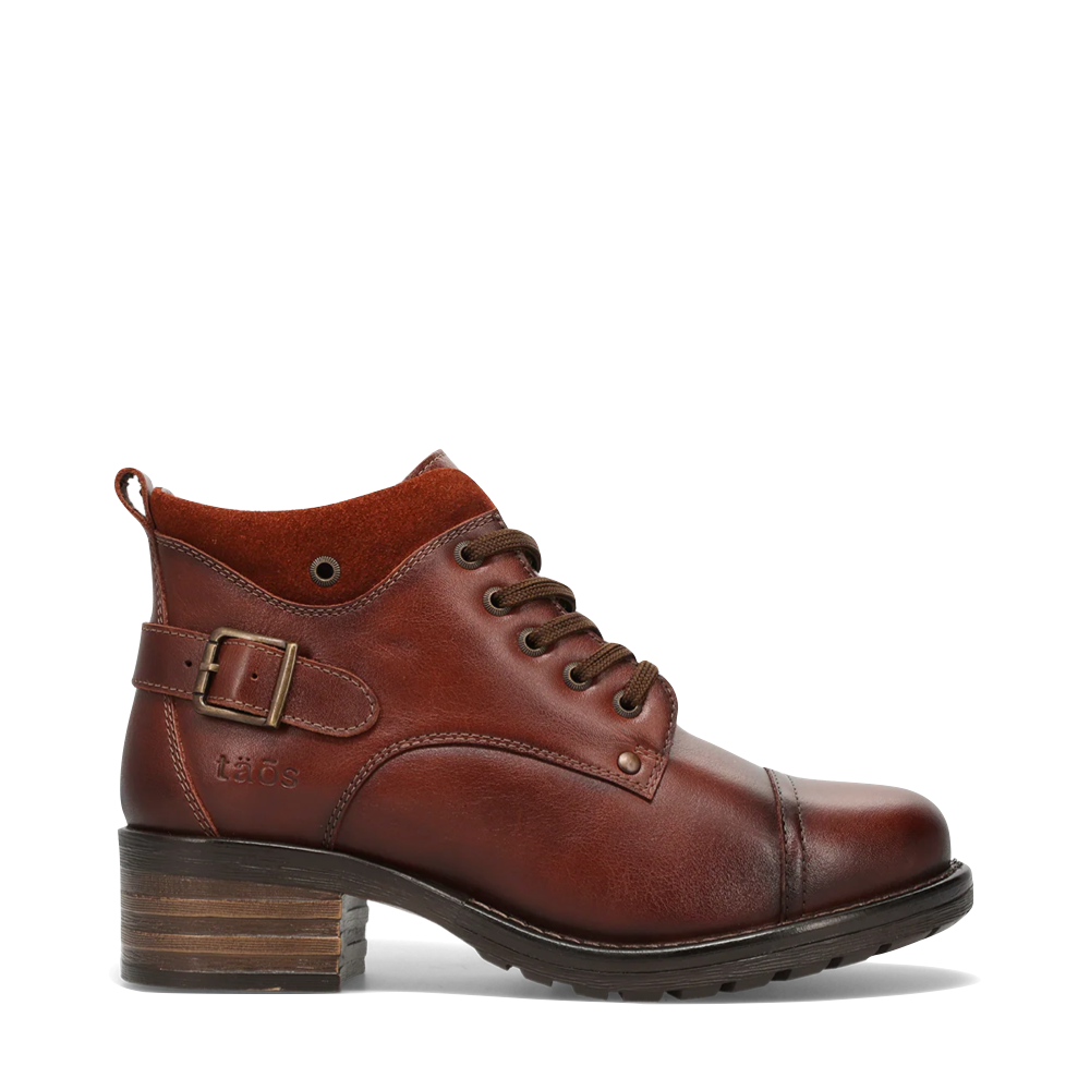 Side (right) view of Taos Mini Crave Side Zip Lace Boot for women.