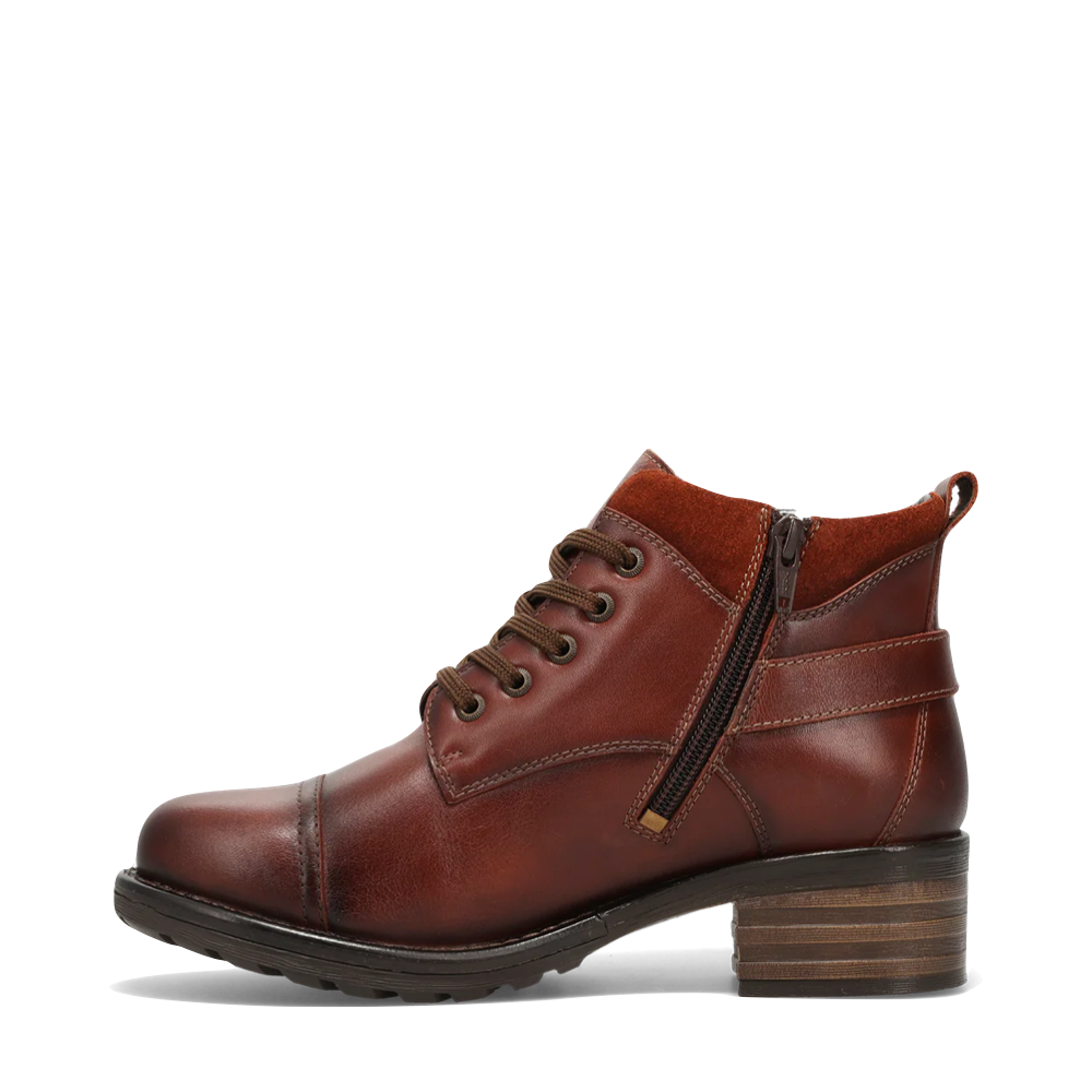 Side (left) view of Taos Mini Crave Side Zip Lace Boot for women.